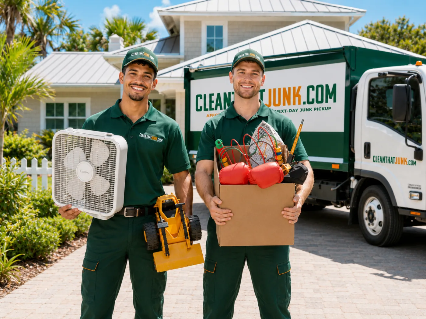 Two CleanThatJunk crew members loading a curbside pile of household junk into a truck in Orlando